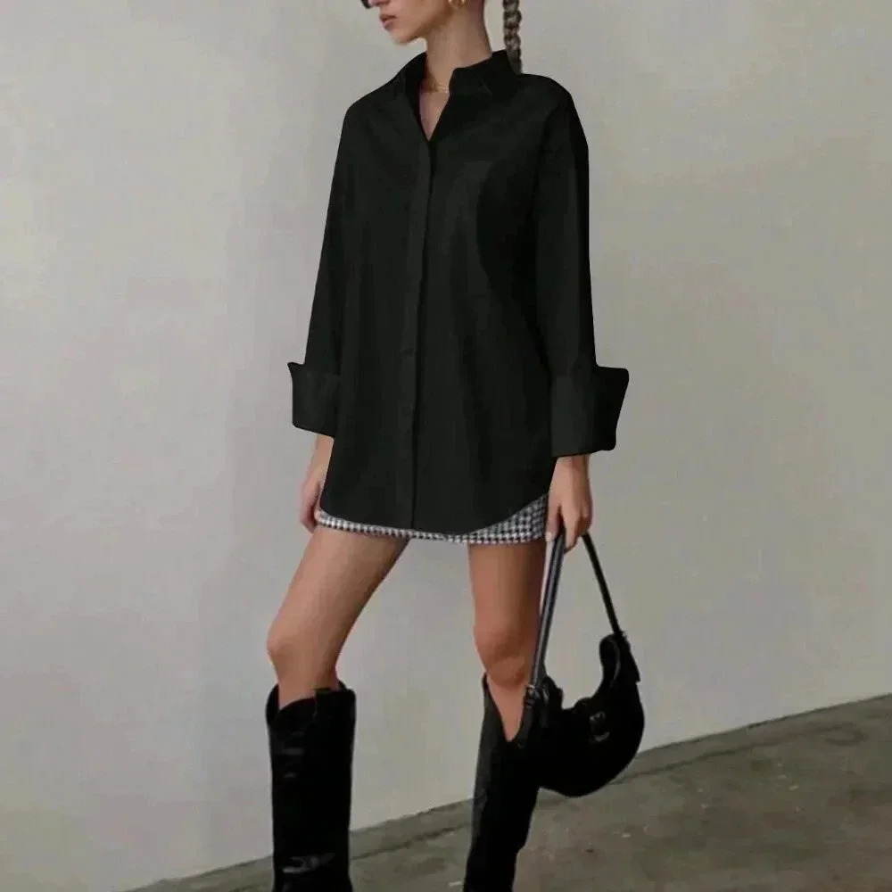 Black Casual Women's Loose Long Sleeved Shirt - Picture 3 of 3